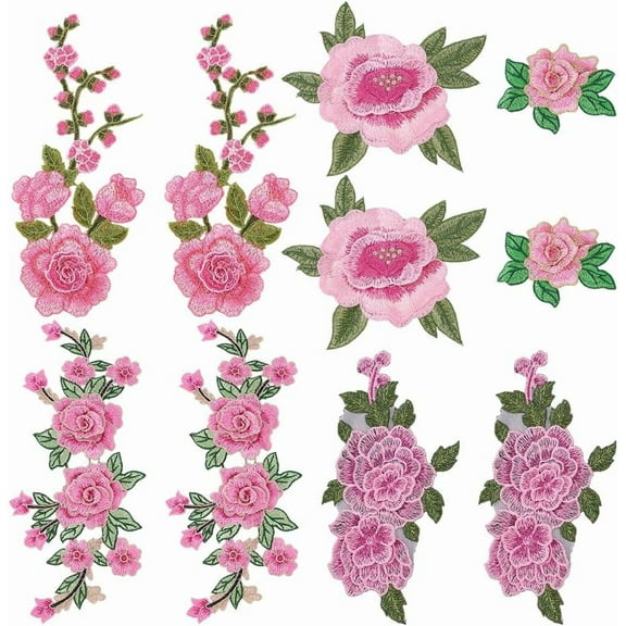 10Pcs Pink Rose Embroidered Patches Floral Sew on Patches Embroidery Flower Appliques Repair Patch for DIY Clothing Shirts Jeans Hats Blouses Pants Skirts Pale Violet Red
