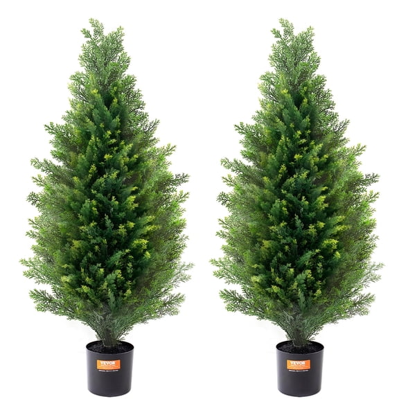 VEVOR Artificial Cedar Topiary Tree, 36 inch Tall (2 Pieces), with Extra Leaves & Pot Faux Evergreen Fake Pine Cypress Trees Plant, UV Rated Artificial Greenery Set for Home Decor Indoor/Outdoor