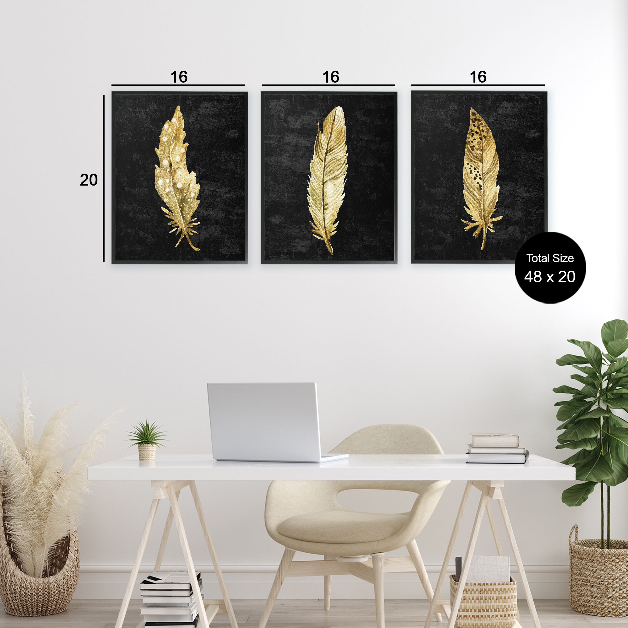 Black & Gold Feathers 3 Piece Black Framed Giclee Art Set, design by Kim Allen