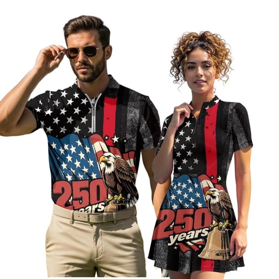 Garronmavis Funny Couple Golf Shirts Black American Flag Eagle Quarter Zip Matching Couple Sport Shirts Woman Golf Clothing Set Breathable Fabric Keep Cool in Hot Weather Ruffle Zip Up Stand Collar