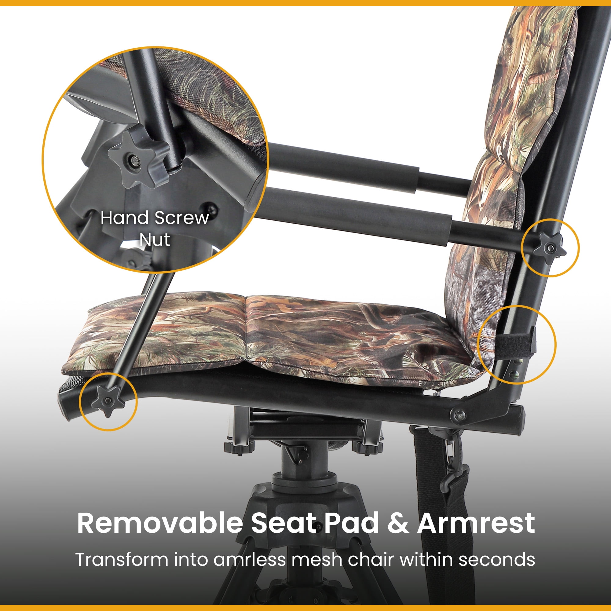 ARROWHEAD OUTDOOR Wide Folding 360° Hunting Swivel Blind Chair with Removable Camouflage Seat Pad, Armrest, No-sink Feet, Shoulder Strap, Mesh Chair, Adjustable Height
