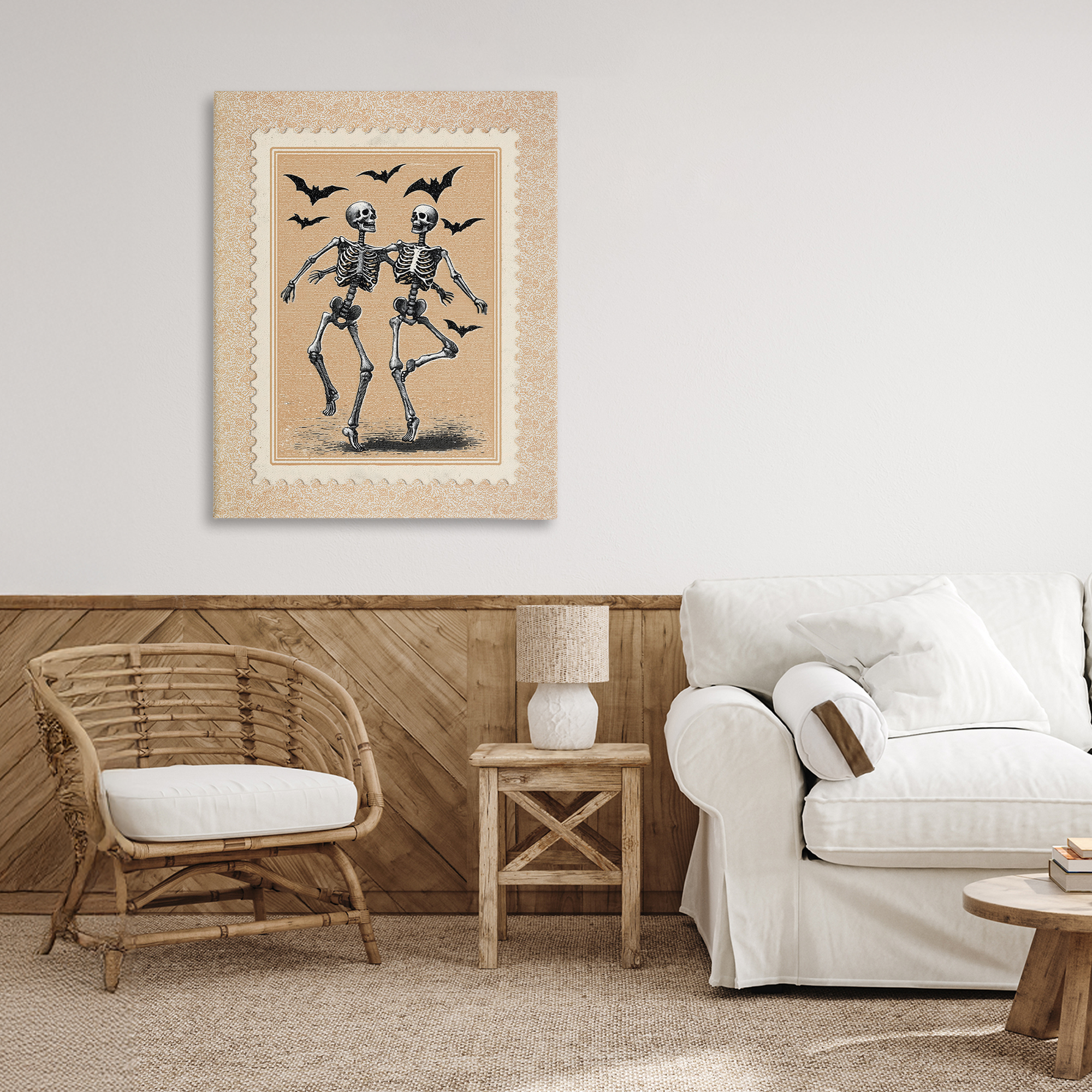 Vintage Dancing Skeletons Stamp Canvas Wall Art, design by Arlington Prints