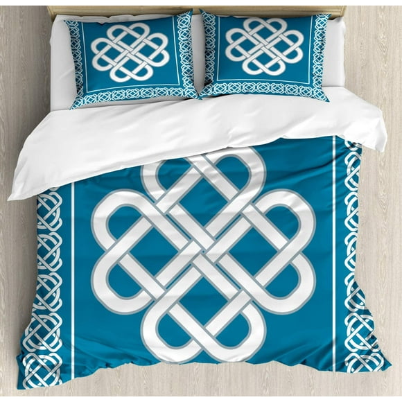 Irish Duvet Cover Set, Celtic Love Knot Fortune Symbol Framework Border Design, Decorative 3 Pieces Bedding Set with 2 Pillowcases, Dark Aqua White