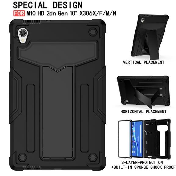 Dteck Case for Lenovo Tab M10 HD 2nd Generation (TB-X306X) 10.1-inch 2020 Released,Shockproof Rugged Rubber 3-Layer Protection Armor Hybrid Hard Kickstand Protective Cover,Black Black