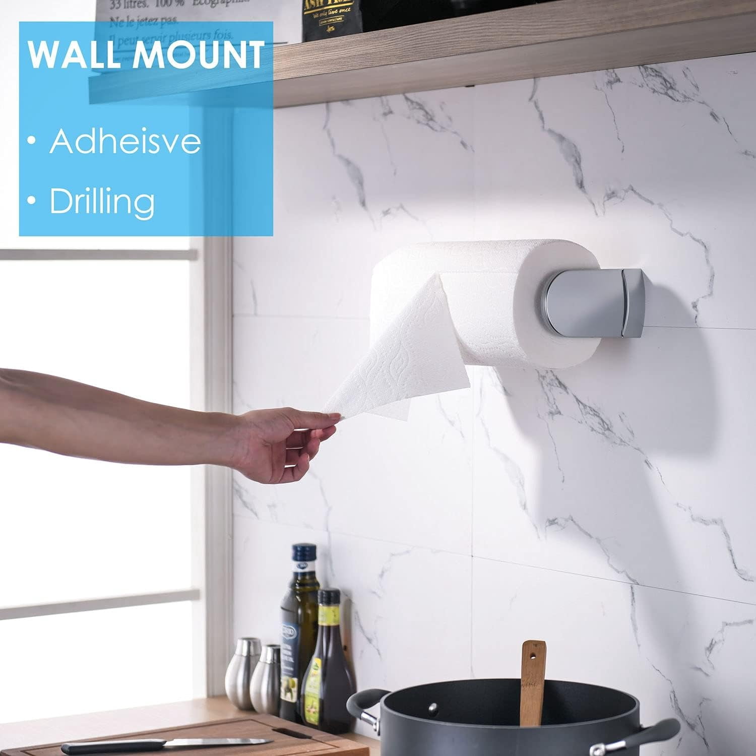 ONE Hand Tear Paper Towel Holder Under Cabinet Adhesive or Drilling Installation Aluminum Alloy + ABS (Black)