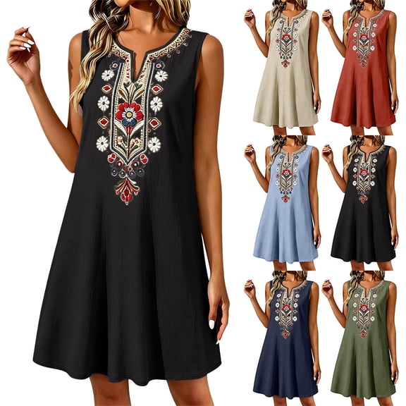Women Plus Size Dress Women's Summer Embroidered Boho Dress Casual V Neck Short Sleeve Loose Linen Dress With Pockets Black L