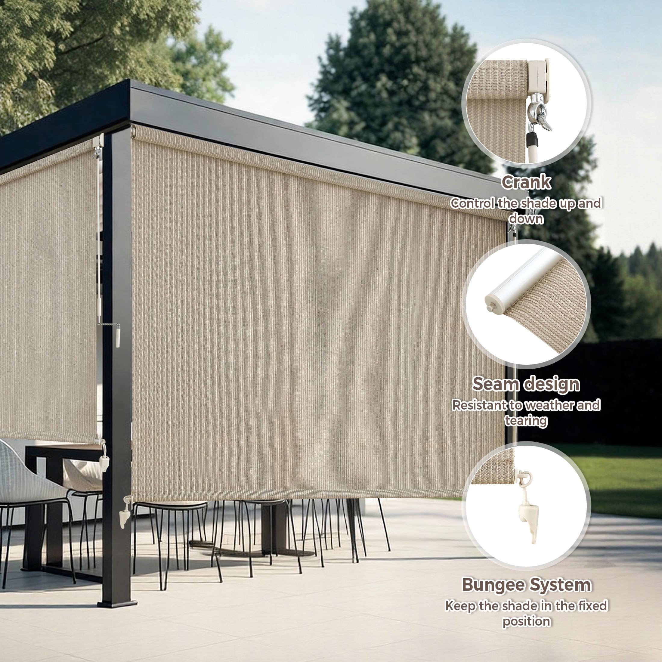 AOSKY Cordless Outdoor Roller Shades, 4'W x 6'H, UV Block Sunshades for Patio, Roll Up Blinds for Porch Pergola Balcony, Sesame