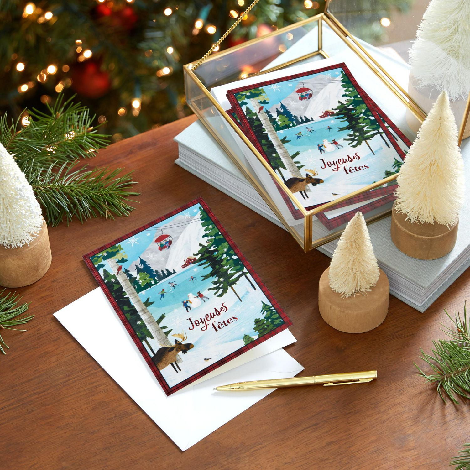 Image Arts French-Language Boxed Christmas Cards, Alpine Winter Fun (Pack of 28 Cards with Envelopes)