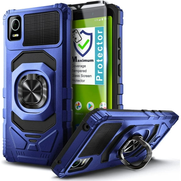 Nagebee Phone Case Compatible for AT&T Calypso 3 (U328AA) with Tempered Glass Screen Protector (Full Coverage), Full-Body Protective [Military-Grade] Magnetic Car Mount Ring Holder Heavy-Duty (Blue)