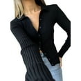 thumbnail image 3 of Women'S Casual Simple Solid Color Long Sleeve Shirt Wool Top Button Striped Lapel Work Shirt Black S, 3 of 8