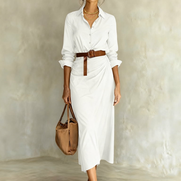 white button down bodycon dress WLOMHUW Women's Dresses Shirt Collar Dresses Long Sleeve Midi for Work 3XL The new historically accurate Regency Color:DarkMauve (RosyBrown) it creates a refined