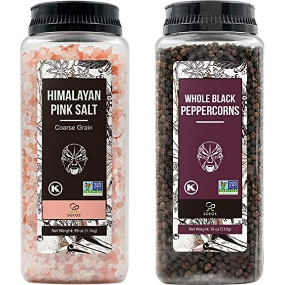 Soeos Himalayan Pink Salt 39oz   Whole Black Peppercorns 18oz, Non-GMO, Kosher, Pink Salt and Peppercorn, Salt and Pepper for Grinders Refill, Fresh Flavor Spice and Seasoning Set