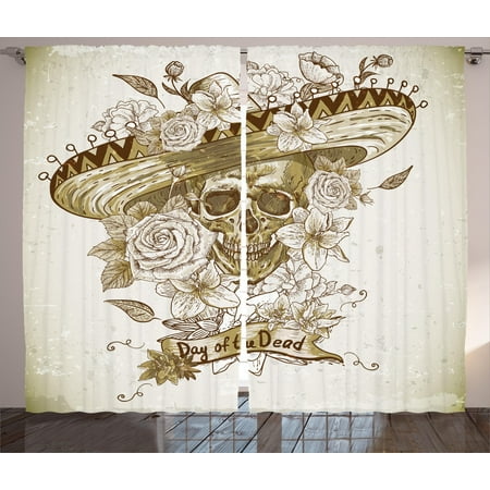 Day Of The Dead Decor Curtains 2 Panels Set Wooden Floral Leaves