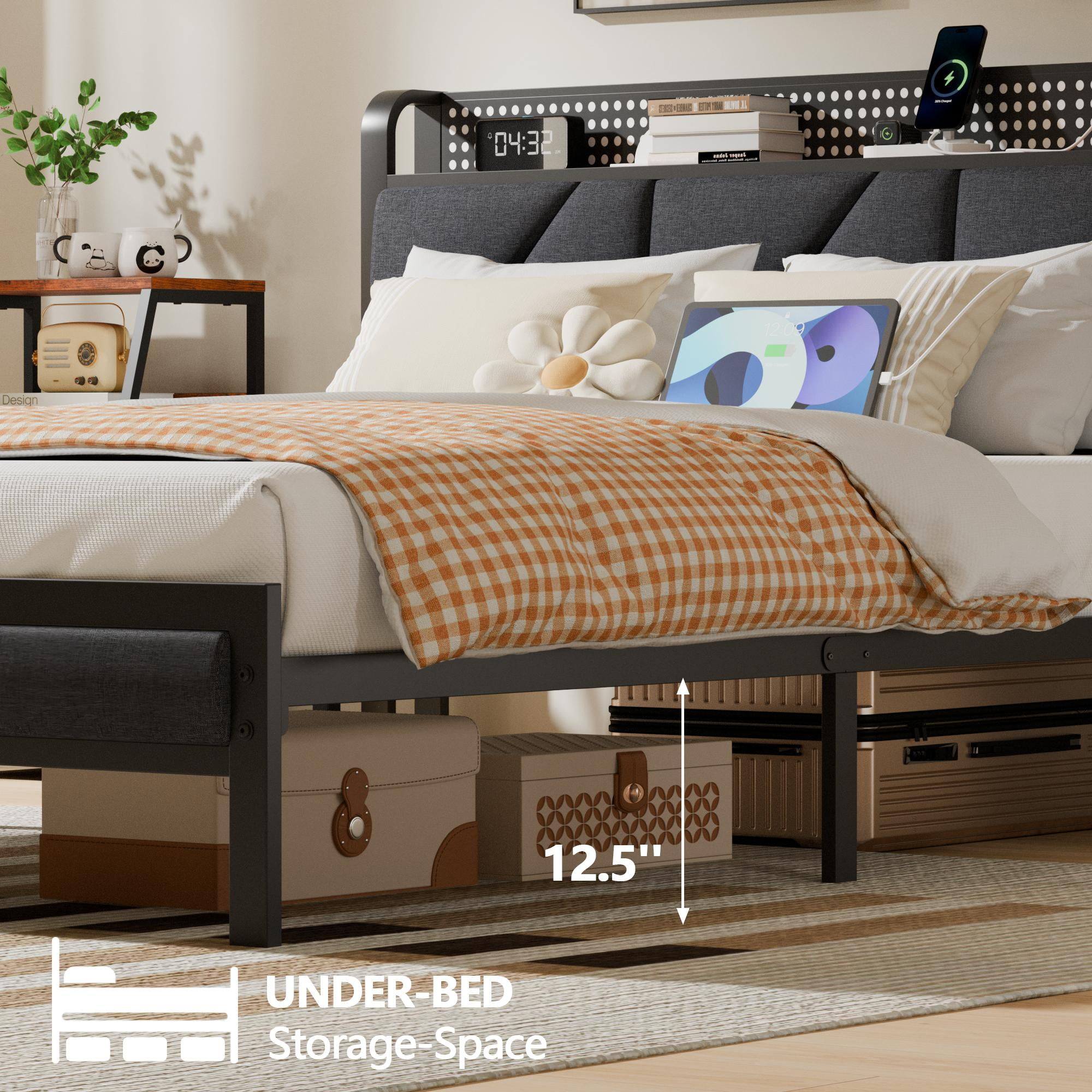 Tydimor Queen Size Metal Smart Bed Frames with Upholstered Headboard, LED Lights, USB Ports and Outlets, Storage Shelves & Underbed