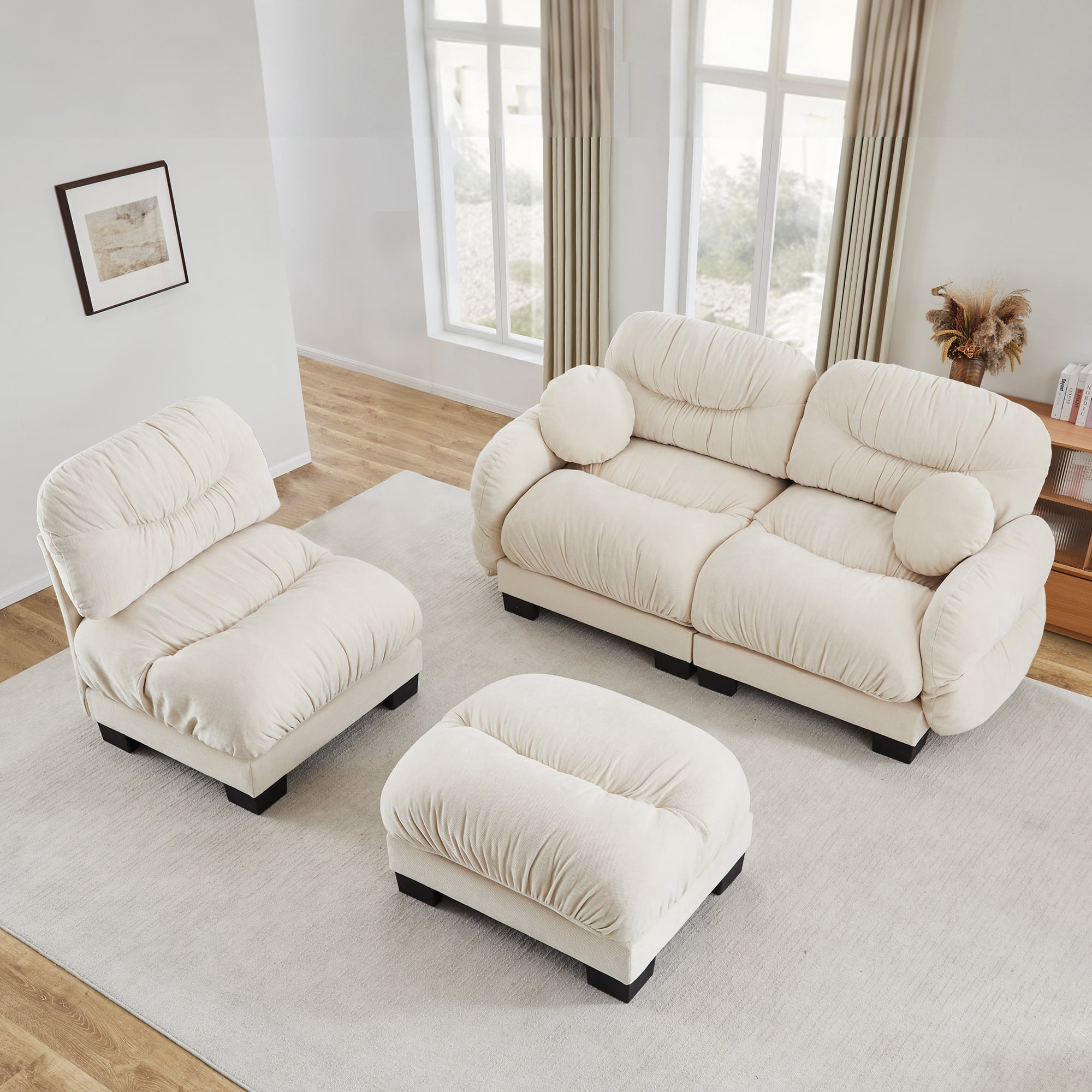 116" 3 Seater Sectional Couch Cozy Chenille Modular Sofa with Ottoman and 2 Throw Pillows