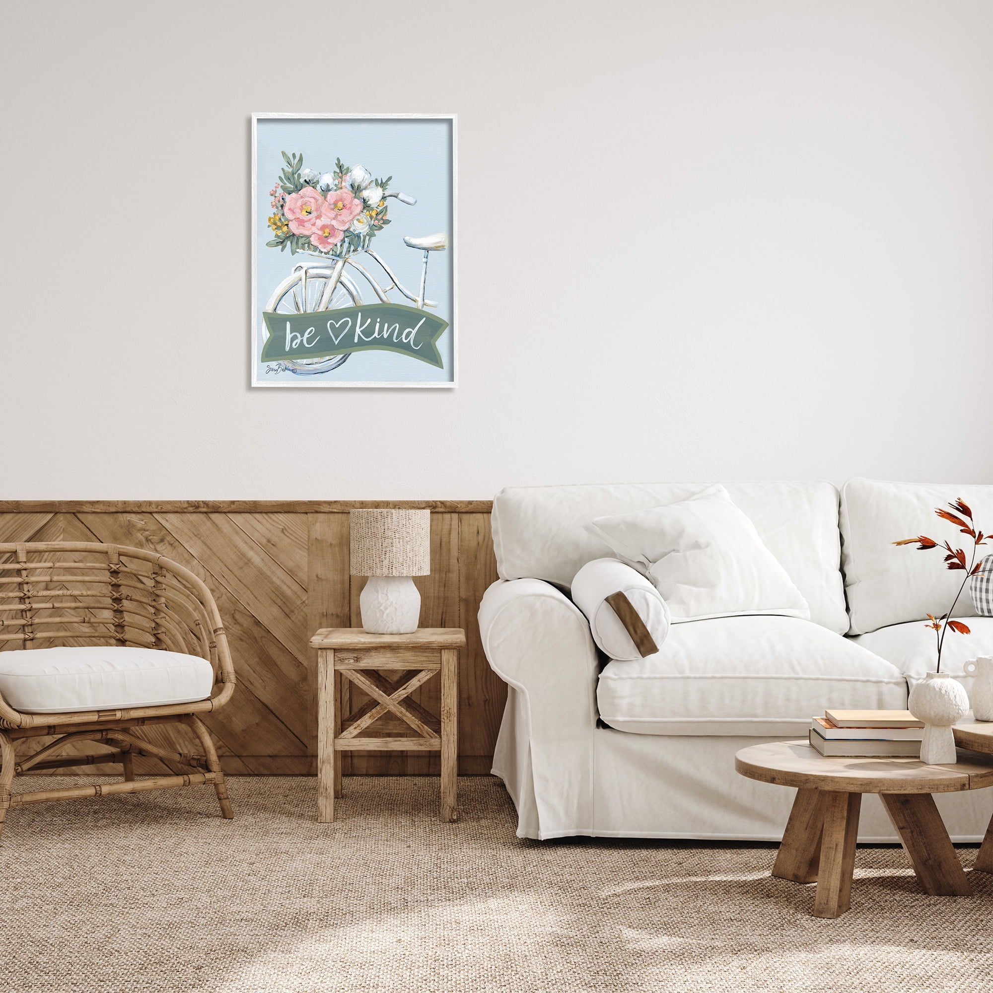Stupell Industries Be Kind Floral Bicycle Botanical & Floral Painting White Framed Art Print Wall Art, 24 x 30