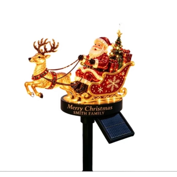 Santa & Reindeer Sleigh Solar Garden Stake Light, Warm LED Night Light Christmas Eve Atmosphere
