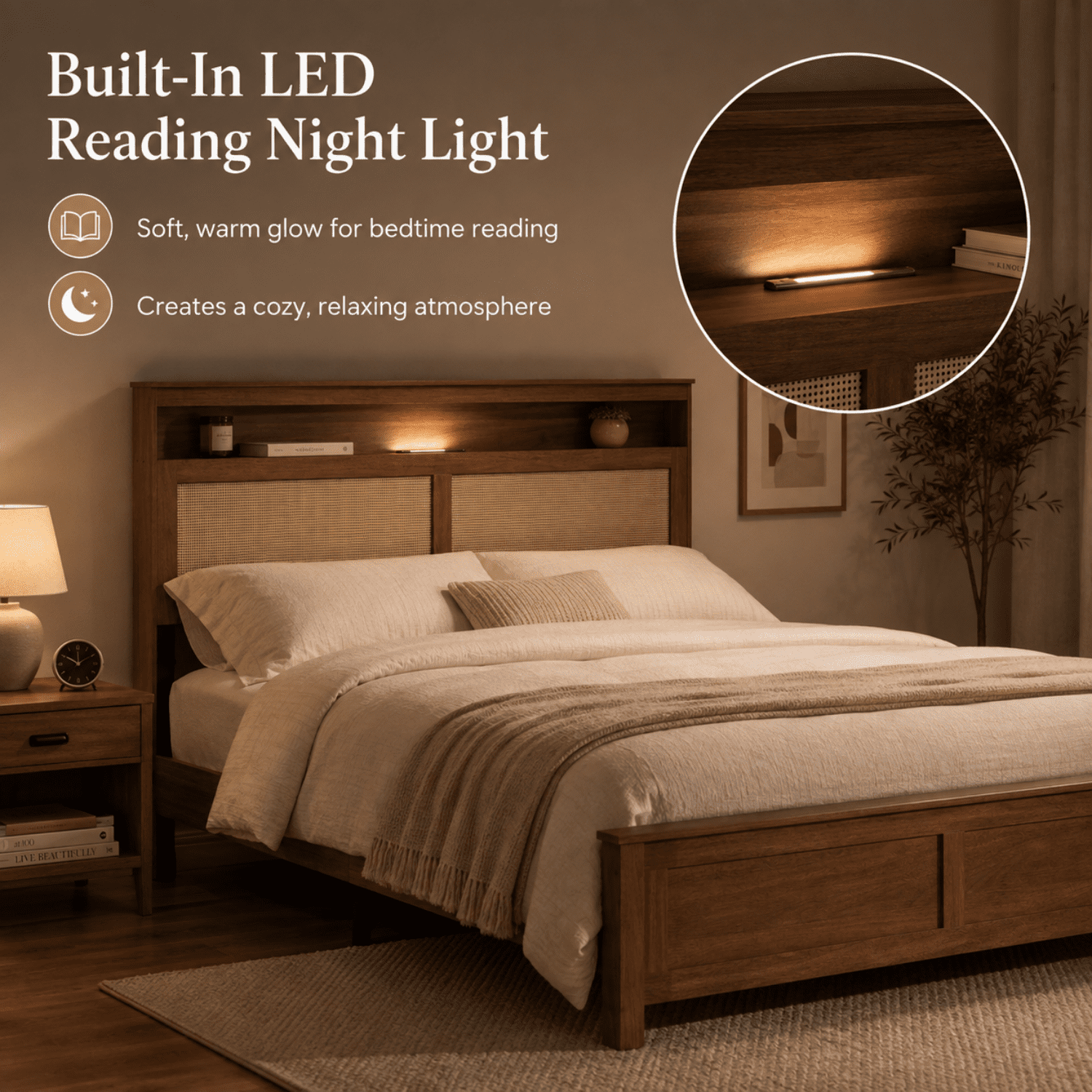 Miniyam Queen Bed Frame with Storage Headboard, LED Light and Charging Station, Cane-Inspired Platform Bed, Brown