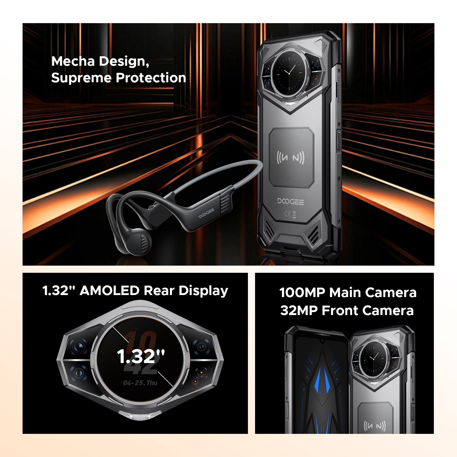 DOOGEE S200 Rugged Phone Unlocked with BoneBeat Run Earphones, 5G, Android 16, 48GB+256GB/2TB, 10100mAh, 6.72"FHD + 120 Hz Display with 1.32" Rear Screen, IP68/IP69K/NFC/Fingerprint/GPS