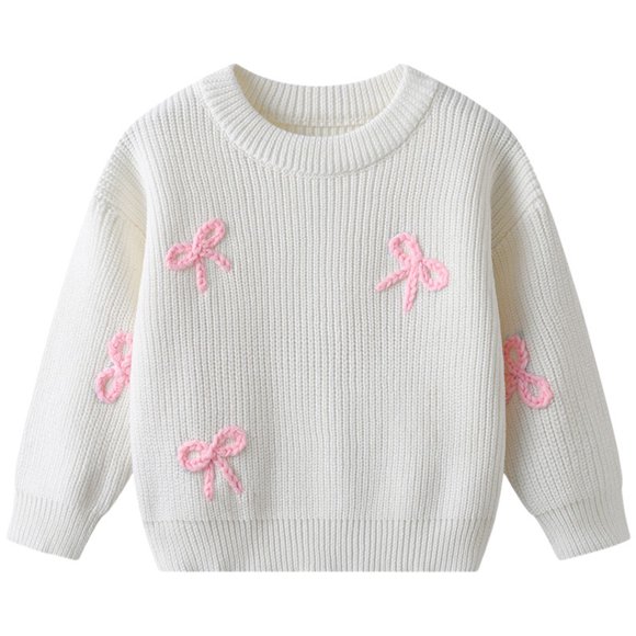 Zanarzt Bébé Tout-Petit Fille Automne Hiver Garçons Fait à la Main Brodé Nœud Papillon Bébé Base Chandail Tricoté Anniversaire Enfants Chandail Blanc,6-9 Mois