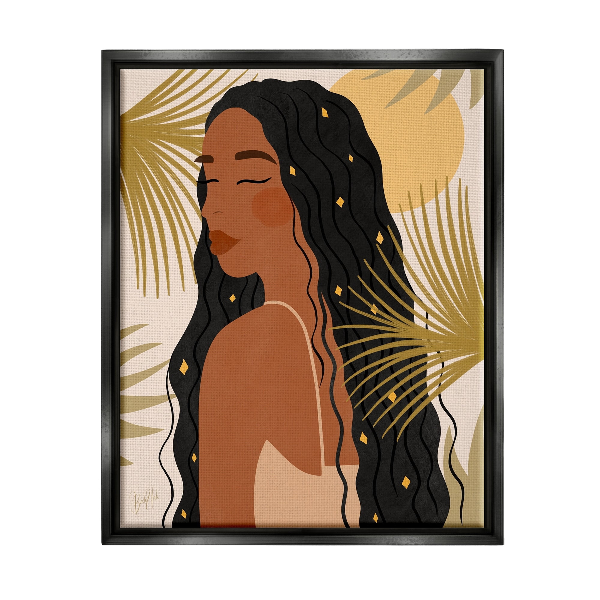 Stupell Industries Desert Plant Leaves Sunlit Starry Haired Woman Graphic Art Jet Black Floating Framed Canvas Print Wall Art, Design by Birch&Ink