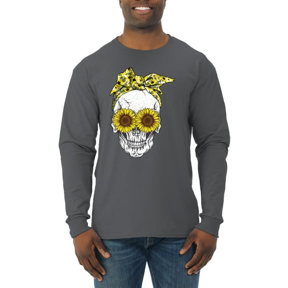 Skull Sunflower Skeleton Bandana Inspirational/Christian Mens Long Sleeve Shirt, Charcoal, Small