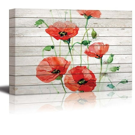 Vibrant Red Poppies wall26 - Watercolor Red Poppy Flowers Over Wood Panels - Canvas Art Home Decor - 24x36 inches ()