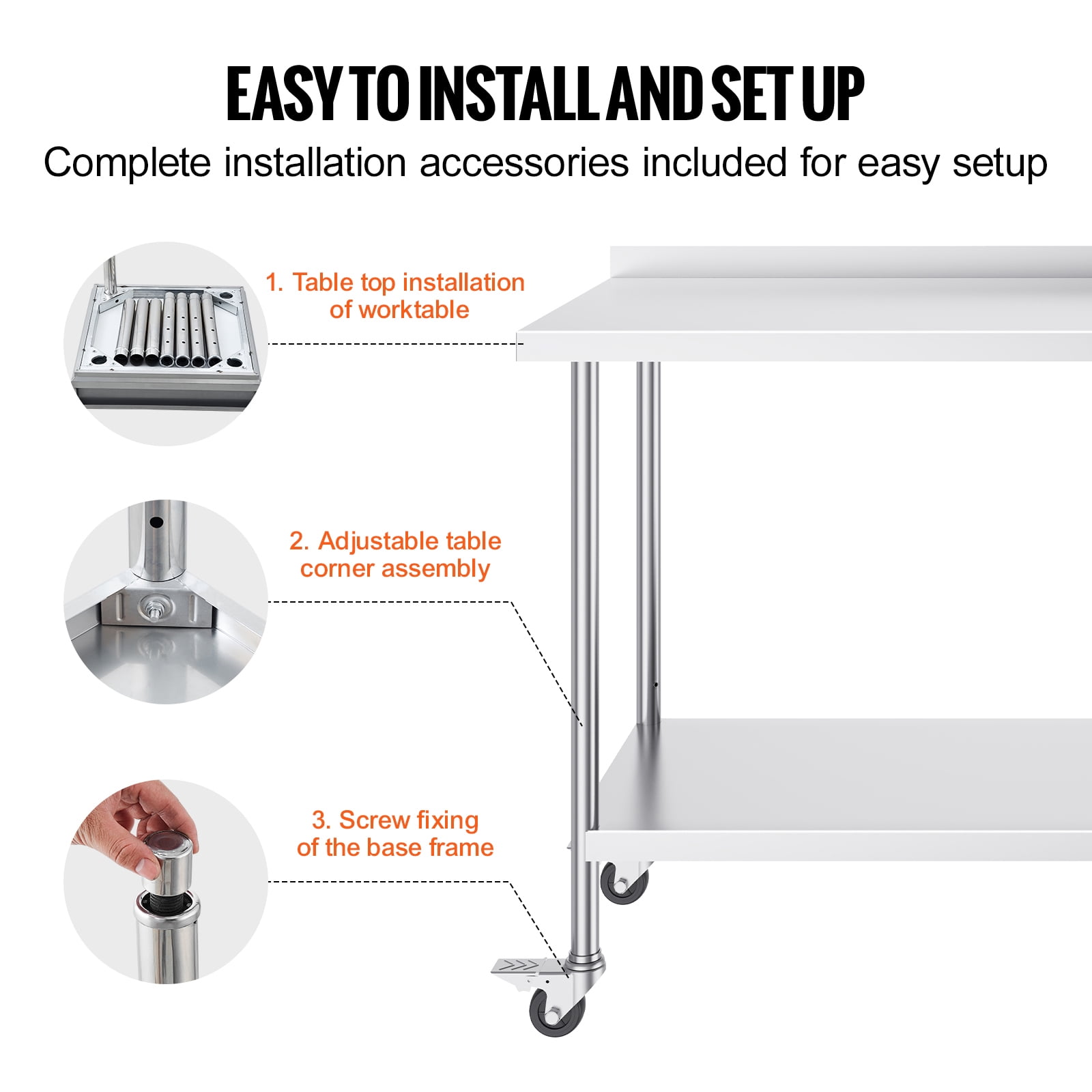 KFFKFF 24 x 60 x 40 Inch Stainless Steel Work Table, Commercial Food Prep Table with Wheels, Durable Metal Workstation with Adjustable Height for Kitchen, Home, and Hospitality Use
