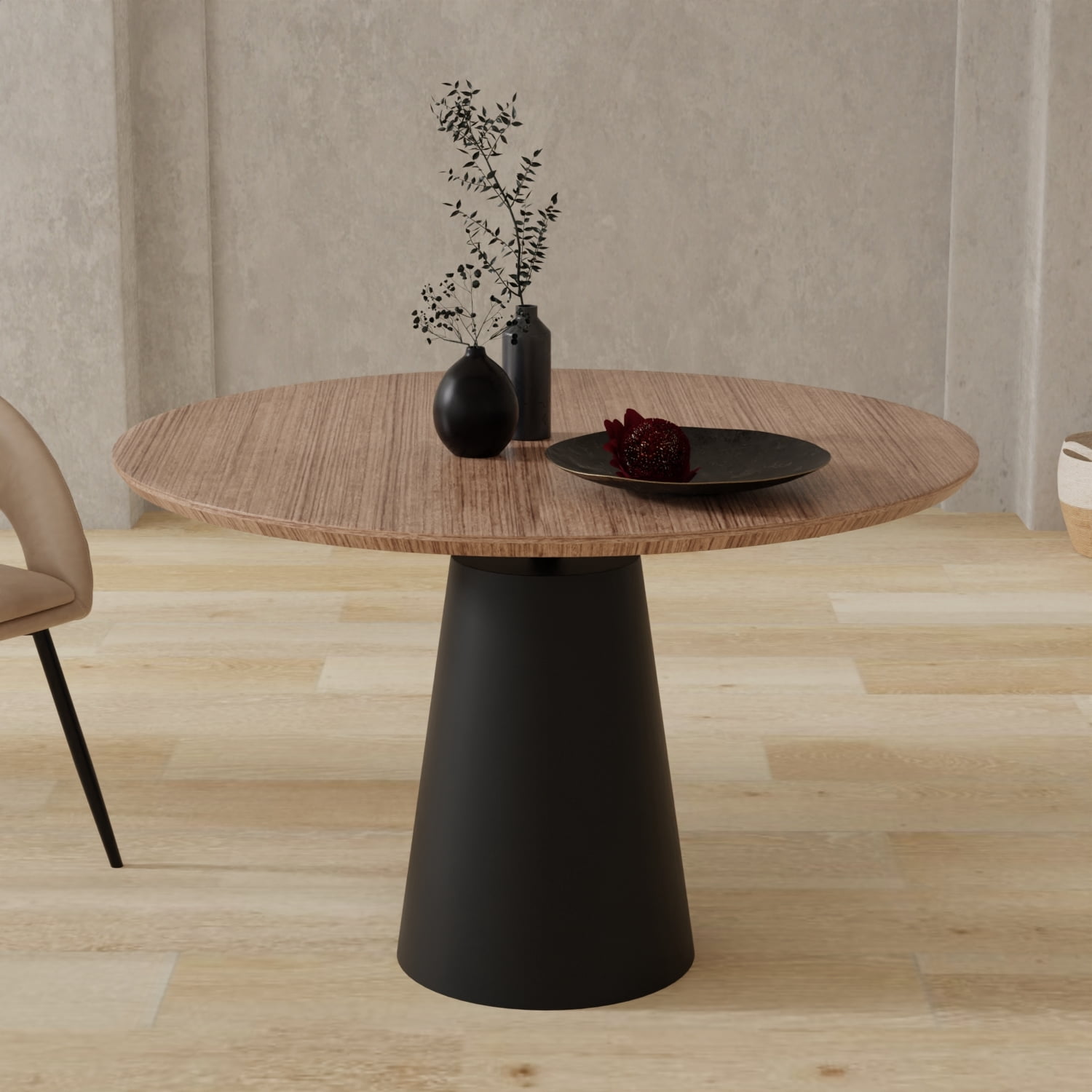 Walnut Wood Top 48" Round Dining Table w/Black Powder Coating Pedestal Base