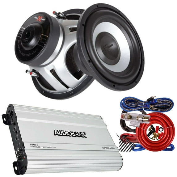 2x Soundxtreme ST-1252 2600W Subwoofers + Audiobank P3001 3000W Amp + 4 Ga Kit Bundle