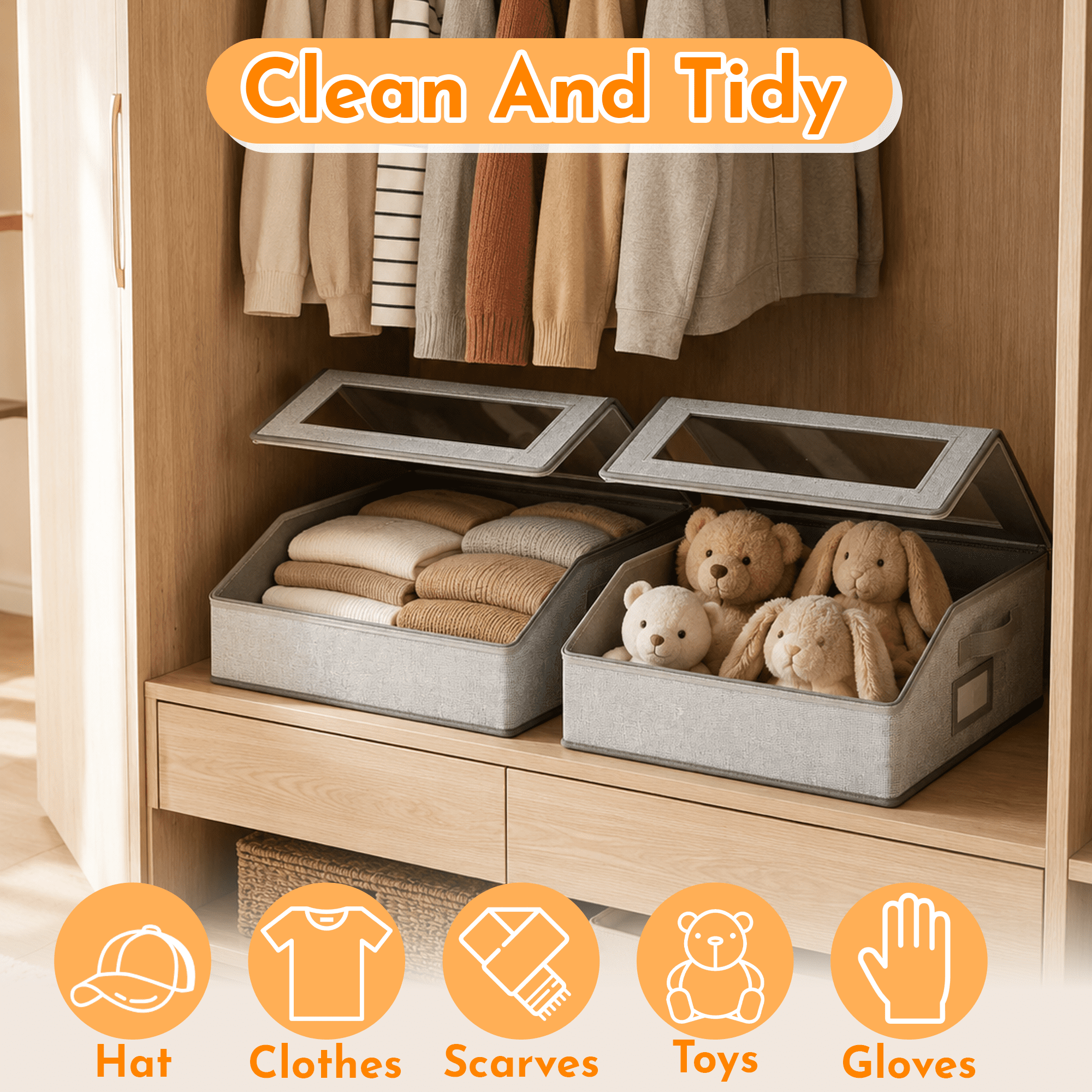 2‑Pack Hat Storage Organizer Box, Dustproof Baseball Cap Storage Container with Clear Window, Fabric Hat Holder for Closet, Wardrobe Hat Organizer for Baseball Caps