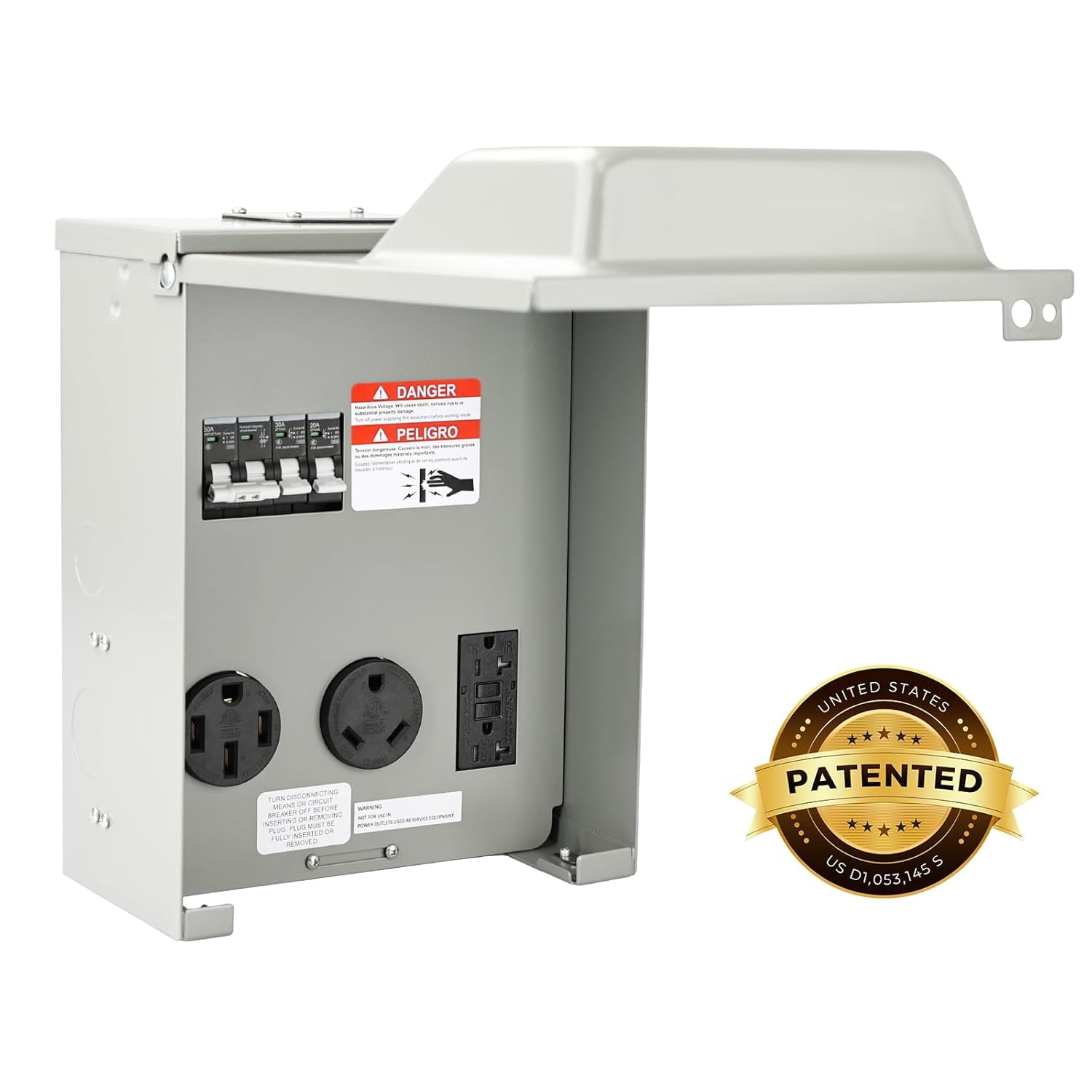 RVGUARD RV Temporary Power Outlet Panel with Breaker, ETL Listed 20 30 50 Amp RV Receptacle, Type 3R RV Electrical Outlet Panel with 20 Amp 90 Degree Adapter Cord for RV, Camper, Travel Trailer