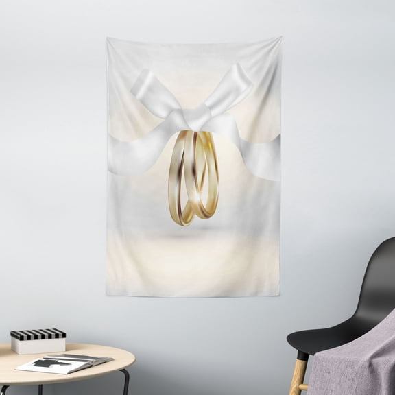 Wedding Decorations Tapestry, Golden Colored Wedding Rings with Ribbon Marriage Jewel Realistic Photo, Wall Hanging for Bedroom Living Room Dorm Decor, 40W X 60L Inches, White Gold, by Ambesonne