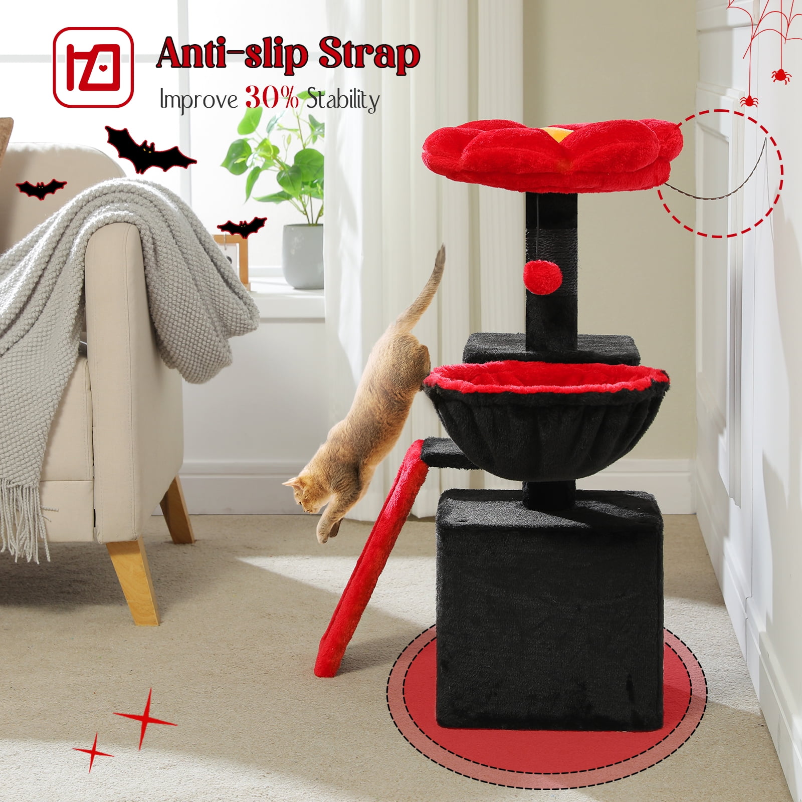 Pefilos 32" Cat Tree Tower, Cute Cat Condo with Sisal Scratching Ramp, Cozy Hammock and Removable Top Bed Perch for Indoor Kittens, Black