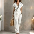 thumbnail image 2 of Women's Linen Cotton 2 Piece Pants Sets Dressy Front Twist Knot Short Sleeve Blouse Wide Leg Business Casual Outfits White XL, 2 of 4