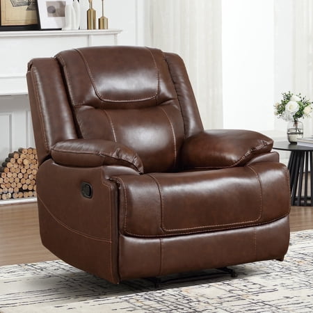 Bonzy Home Premium Genuine Leather Manual Reclining Chair, Overstuffed Recliner Chair with Padded Backrest, Oversized Heavy Duty Recliner for Living Room, Brown