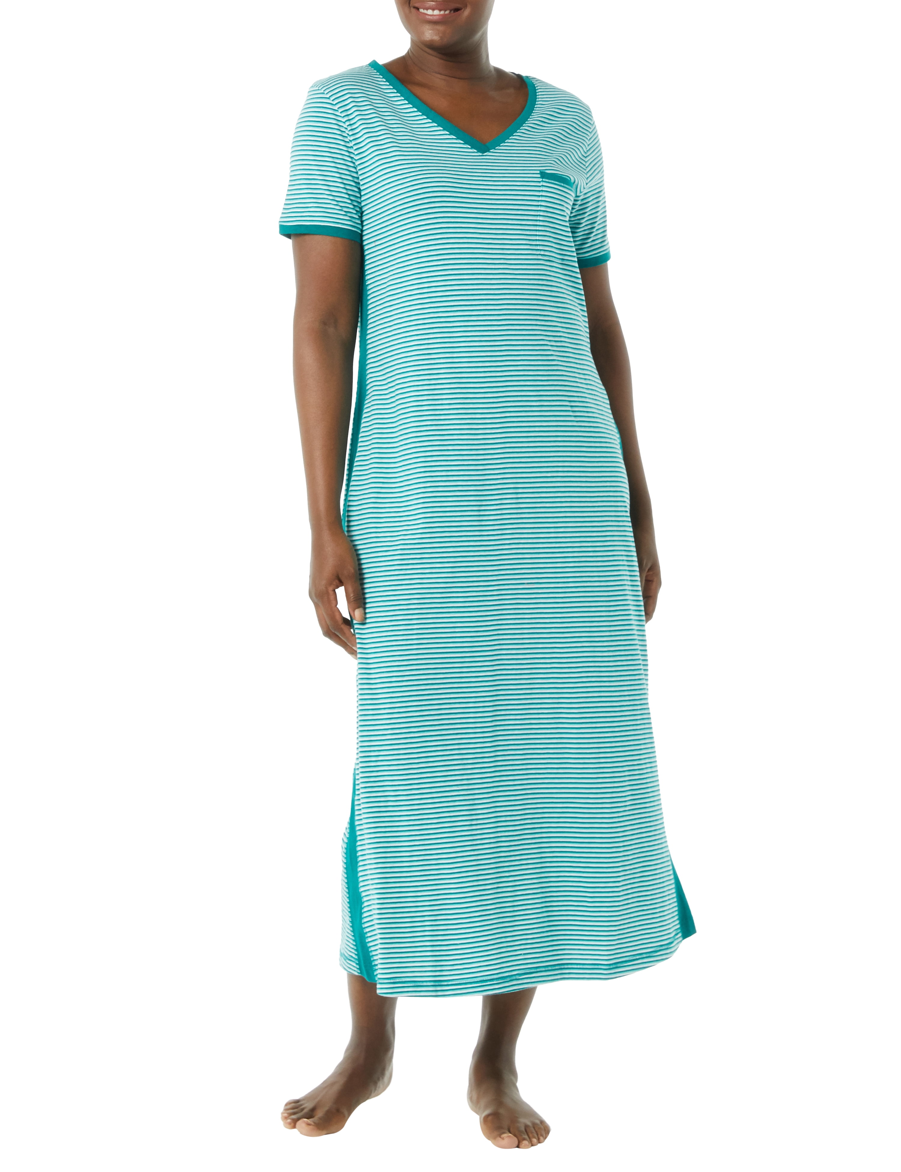 AmeriMark Womens Striped Knit Lounger V Neck Long T Shirt Nightgown