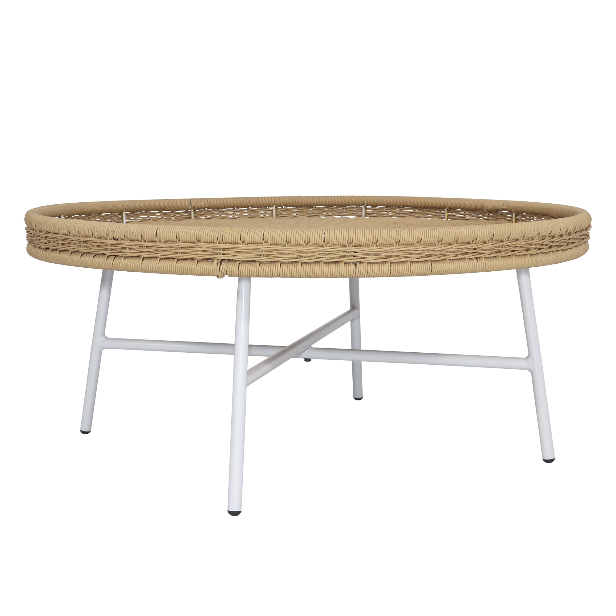 Abble Diameter 29.9 in. x H 17.7 in. Outdoor & Indoor Use Natural Color Wicker Round End Table with Matte White Metal Legs