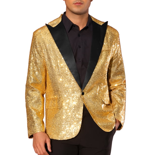 Blazer de lentejuelas INSPIRE CHIC para hombres, con solapa de pico, color bloque, brillante y reluciente, abrigo deportivo 2XL dorado