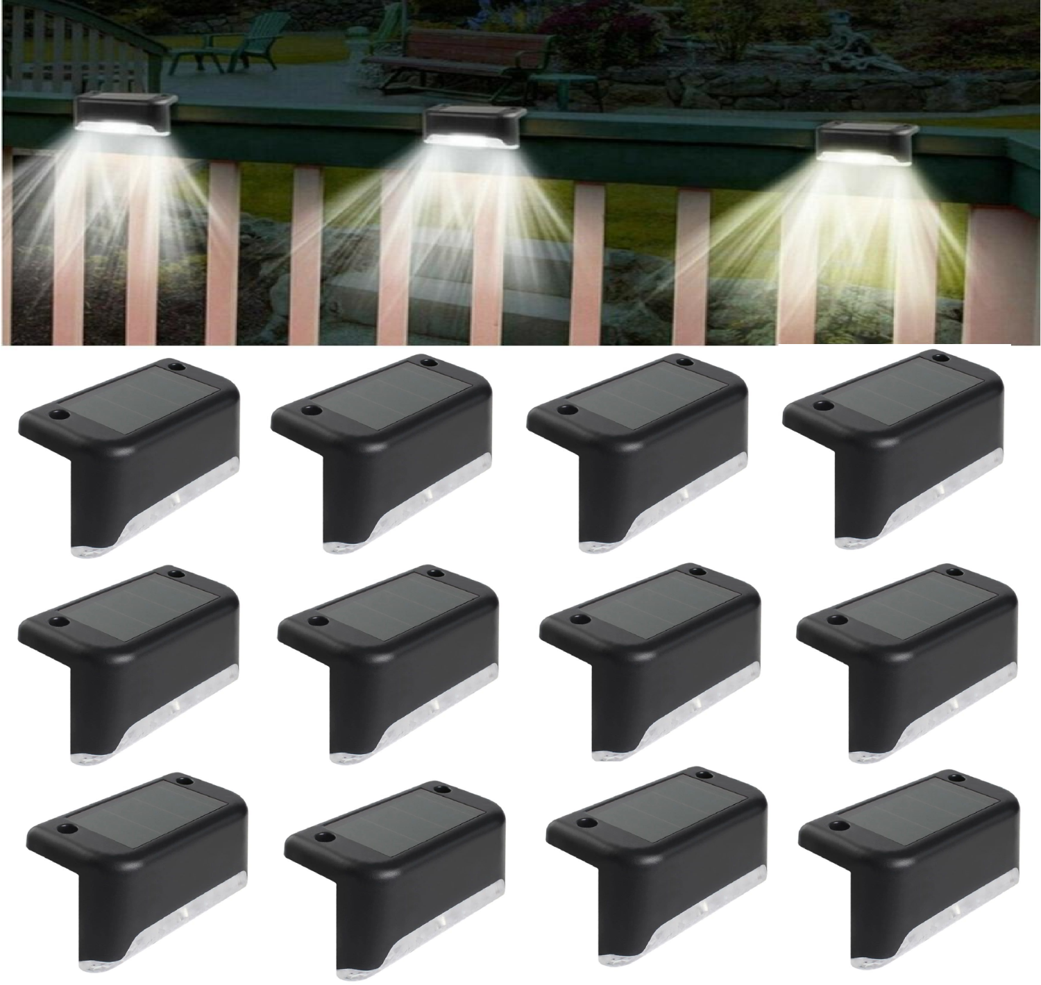 12 Pck Solar Deck Lights Weatherproof Fence Post Solar Lights for Patio  Pool Stairs Step and Pathway, LED Deck Lights Solar Powered Outdoor Lights(Black  Warm White)