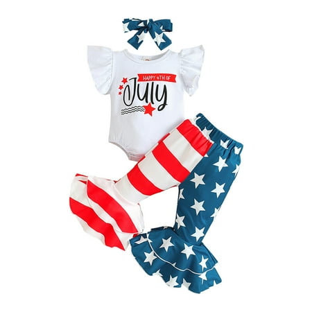 

TOWED22 4th of July Toddler Girl Outfits Fourth of July Dress American Flag Set American Flag Shirt+Ripped Denim Jeans 18-24 Months