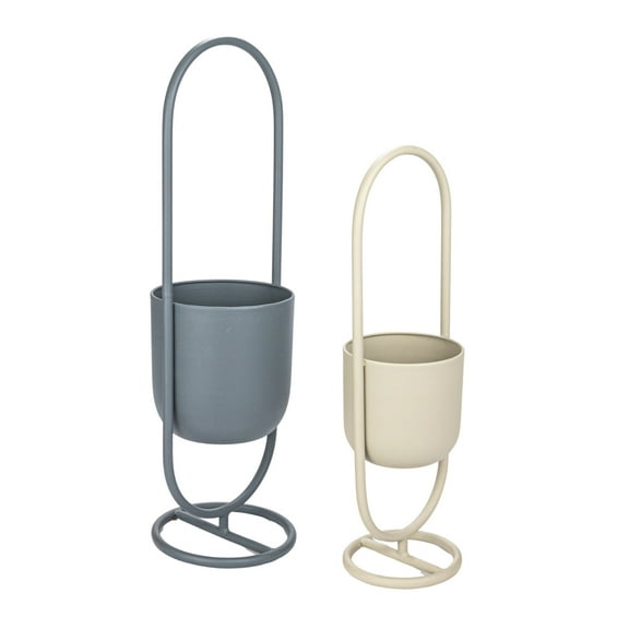Creative Co-Op Metal Floor Planters Hanging on Stands, Matte Grey and Sand Color, Set of 2