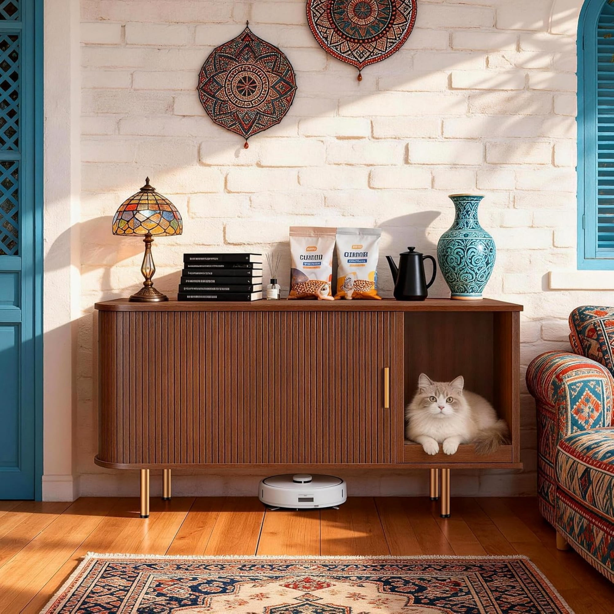 Cat Litter Box Enclosure Furniture with Sliding Door, Hidden Cat House Cabinet with Scratch Pad, Modern TV Stand Side Table, Walnut