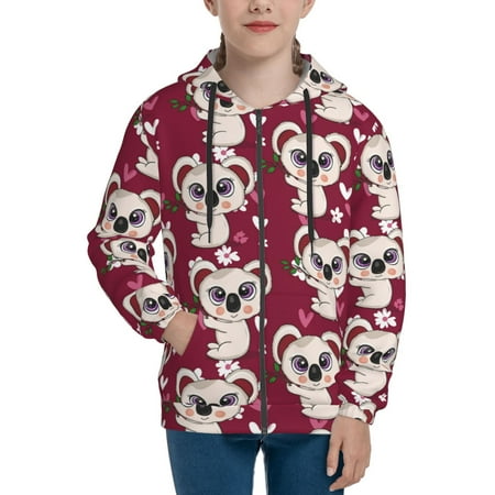 

Hoodies for Women Big Eyes Koala Burgundy Long Sleeve Sweatshirt Drawstring Zip Up Hoodie with Pockets Teen Girl Clothes