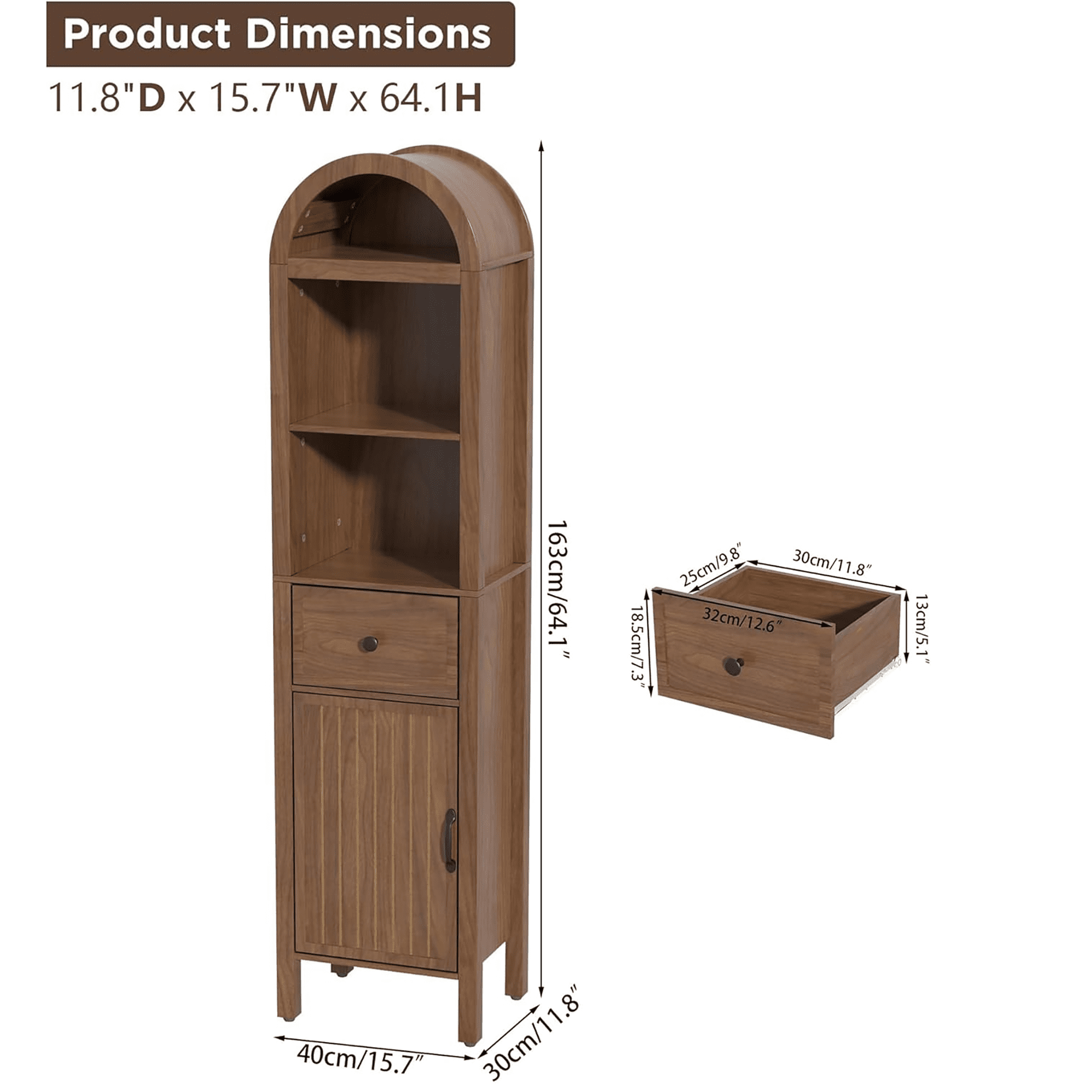 Oubayajia 64" Tall Bathroom Storage Cabinet, Narrow Tall Arched Linen Standing Tower Cabinet, Kitchen Cupboard with Adjustable Shelf and Drawer