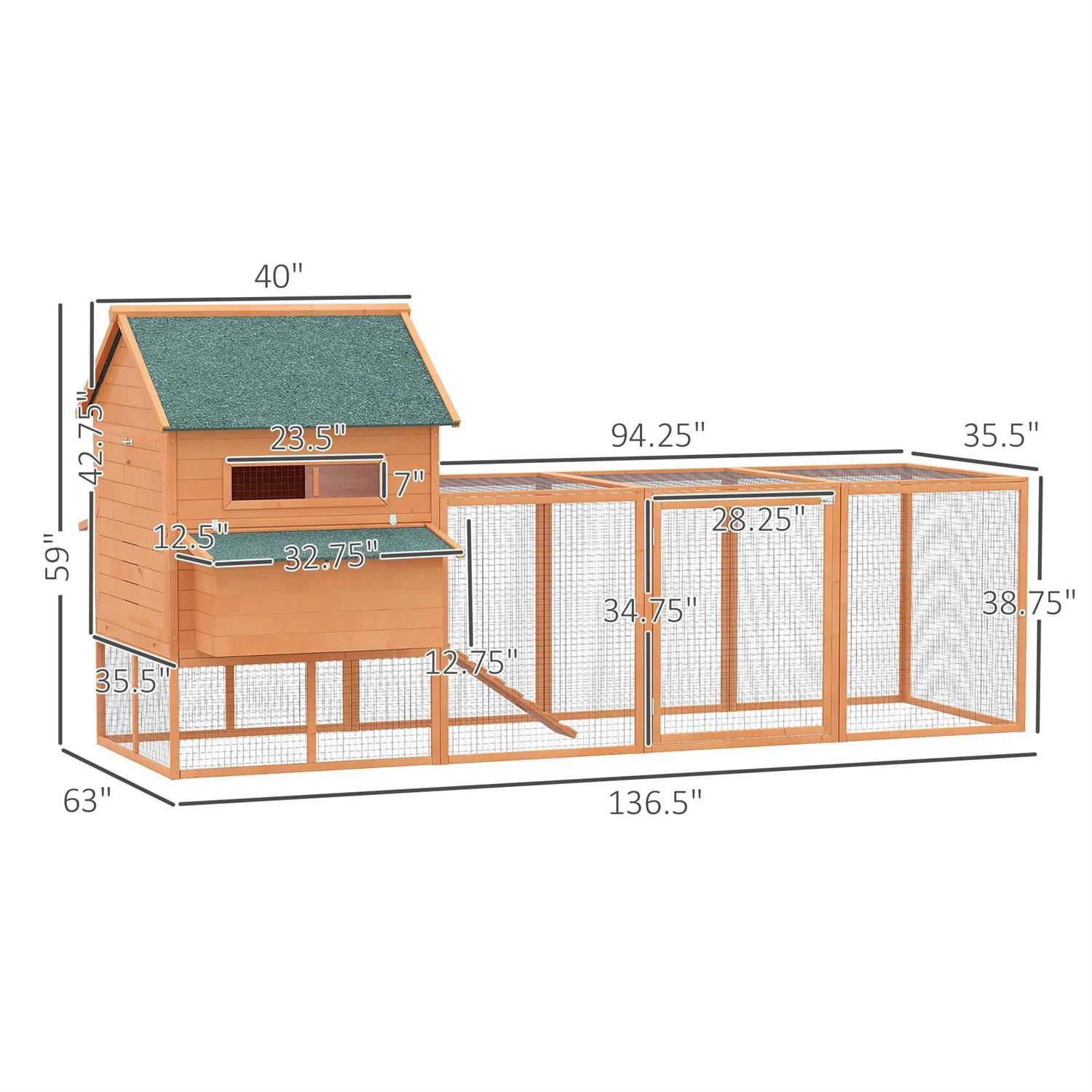 Pefilos 137" Large Chicken Coop Rabbit Hutch, Outdoor Wooden Poultry Cage Hen House with Nesting Box, Run for Garden Backyard, Orange