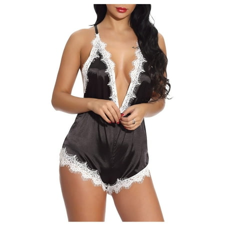 

Knosfe Pajamas Teddy Lingerie for Women Sexy Lace Babydoll Deep V Eyelash Bodysuit XL