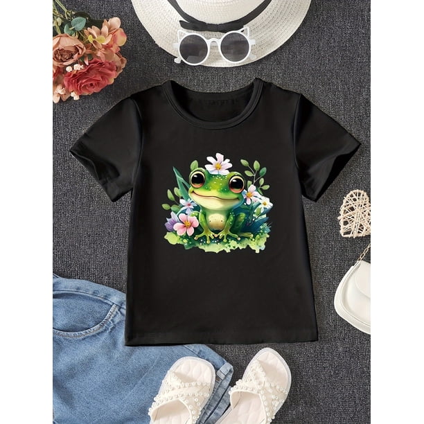 Camiseta de punto con estampado de rana de verano para niña: cuello redondo, manga corta, tejido elástico, lavable a máquina.