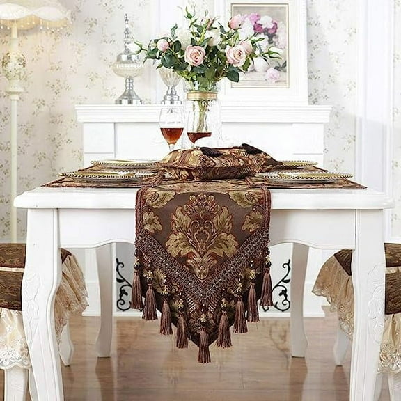 Nvzi Vintage Luxury Jacquard Damask Floral Table Runners Tea Table Decoration with Multi-Tassels 13"x117" Coffee