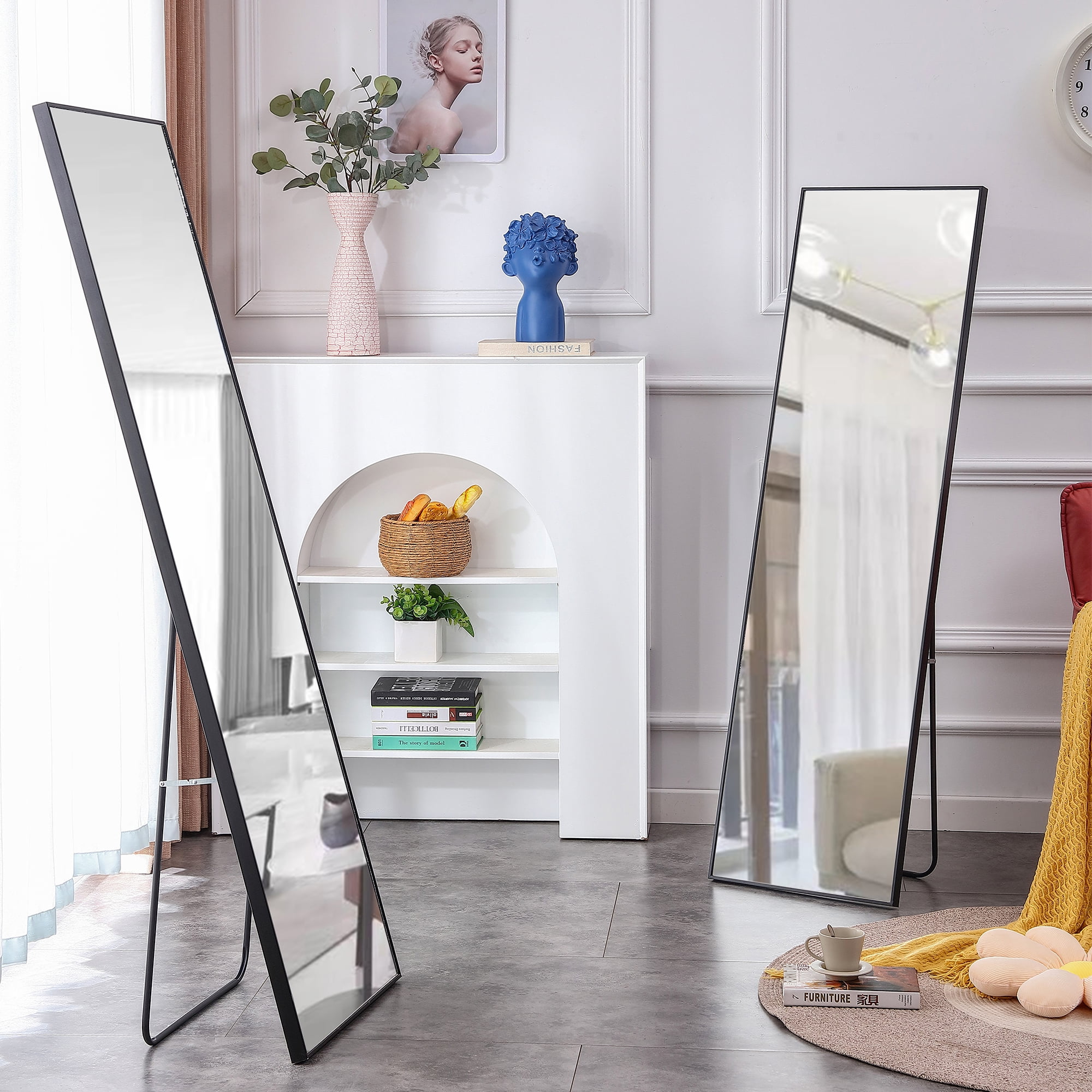 Full-Length Mirror, Dressing Mirror with Solid Wood Frame, Floor Mirror for Living Room, Bedroom, 58"×15", Black